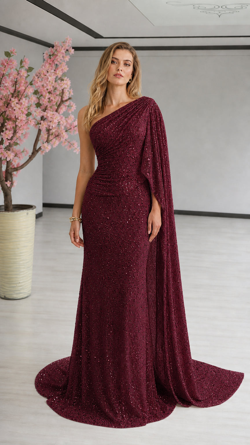 Burgundy wine red one-shoulder sequin evening dress with attached cape