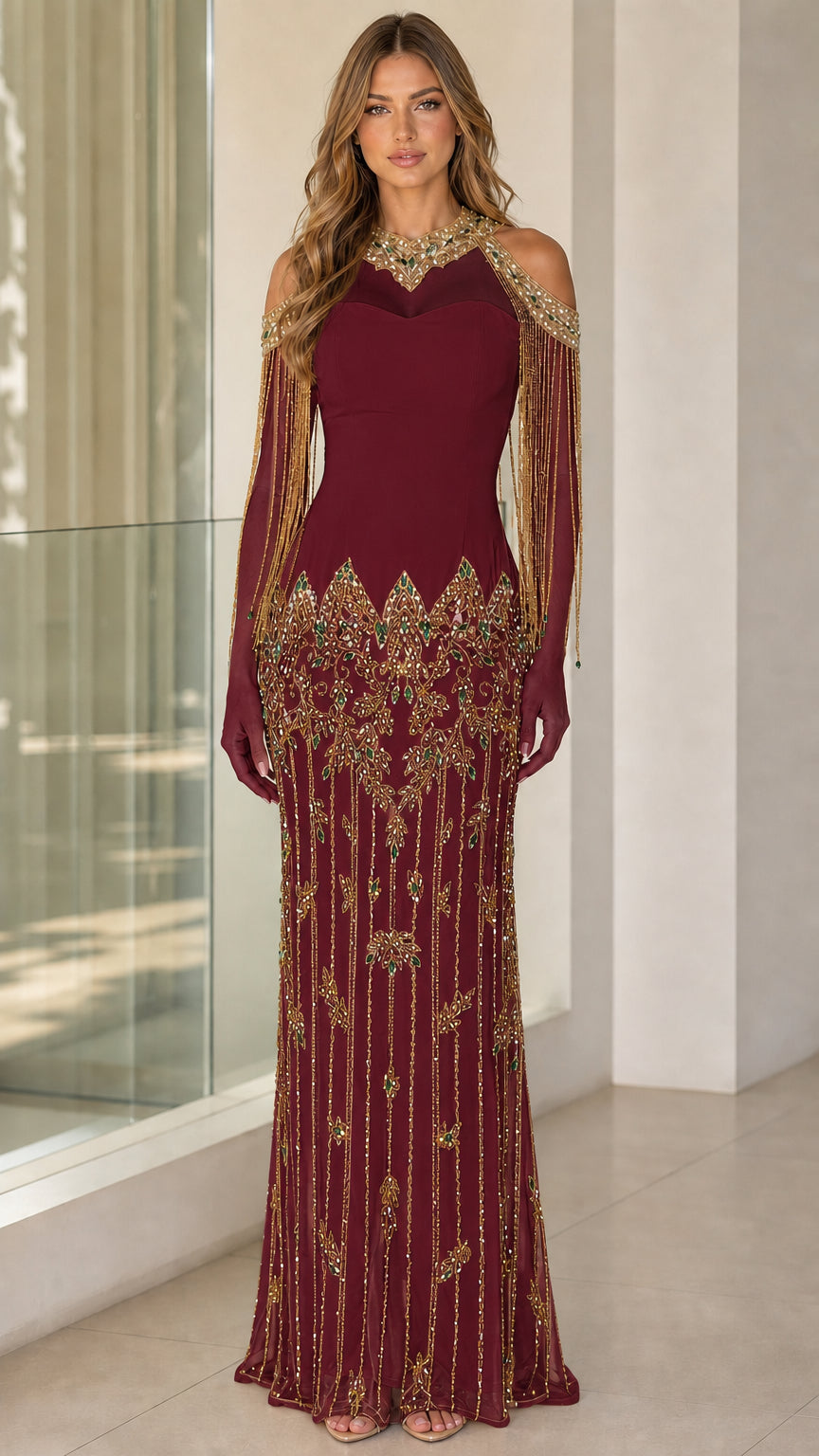Burgundy wine red embellished evening dress with beaded fringe shoulders and maxi skirt
