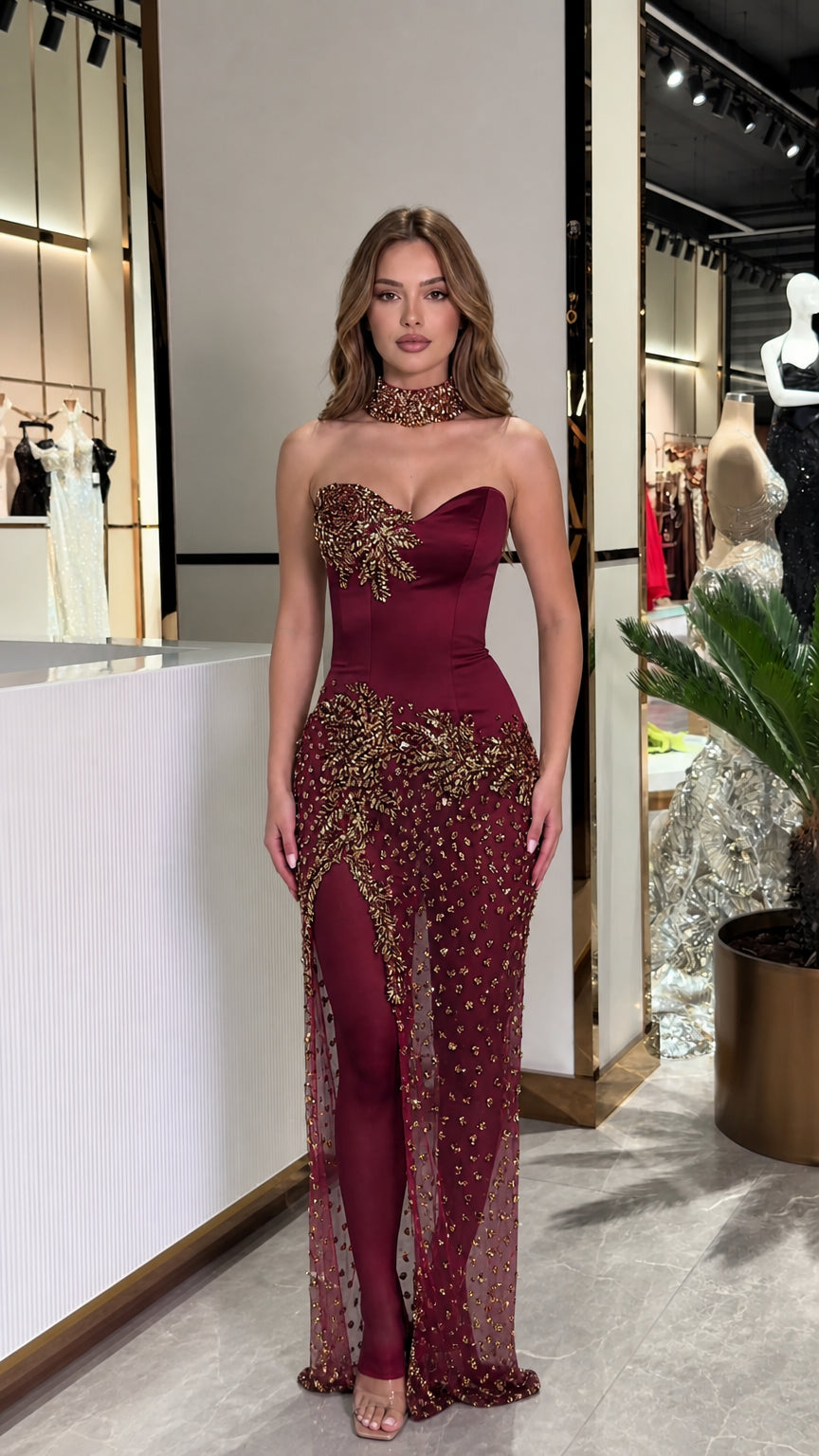 Burgundy wine strapless embellished evening dress with sheer illusion slit skirt