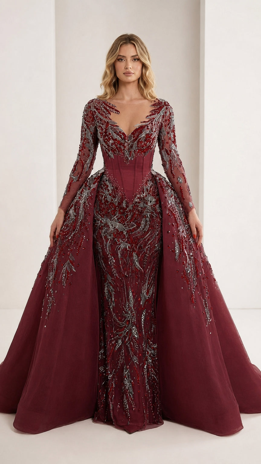 Beaded illusion evening gown in burgundy color variant