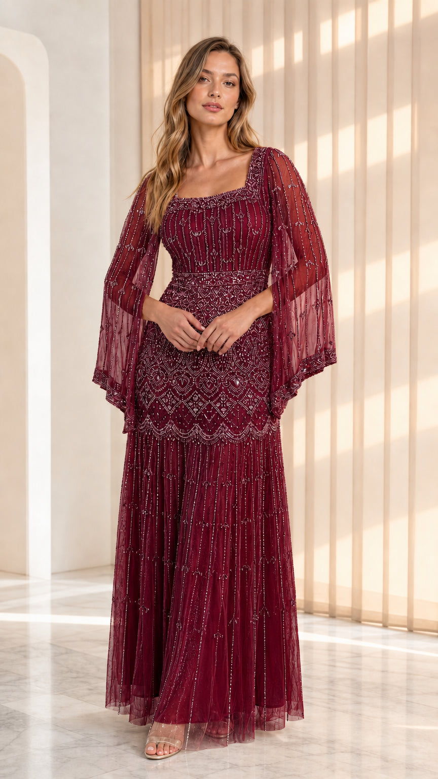 Burgundy wine red beaded cape sleeve formal maxi dress
