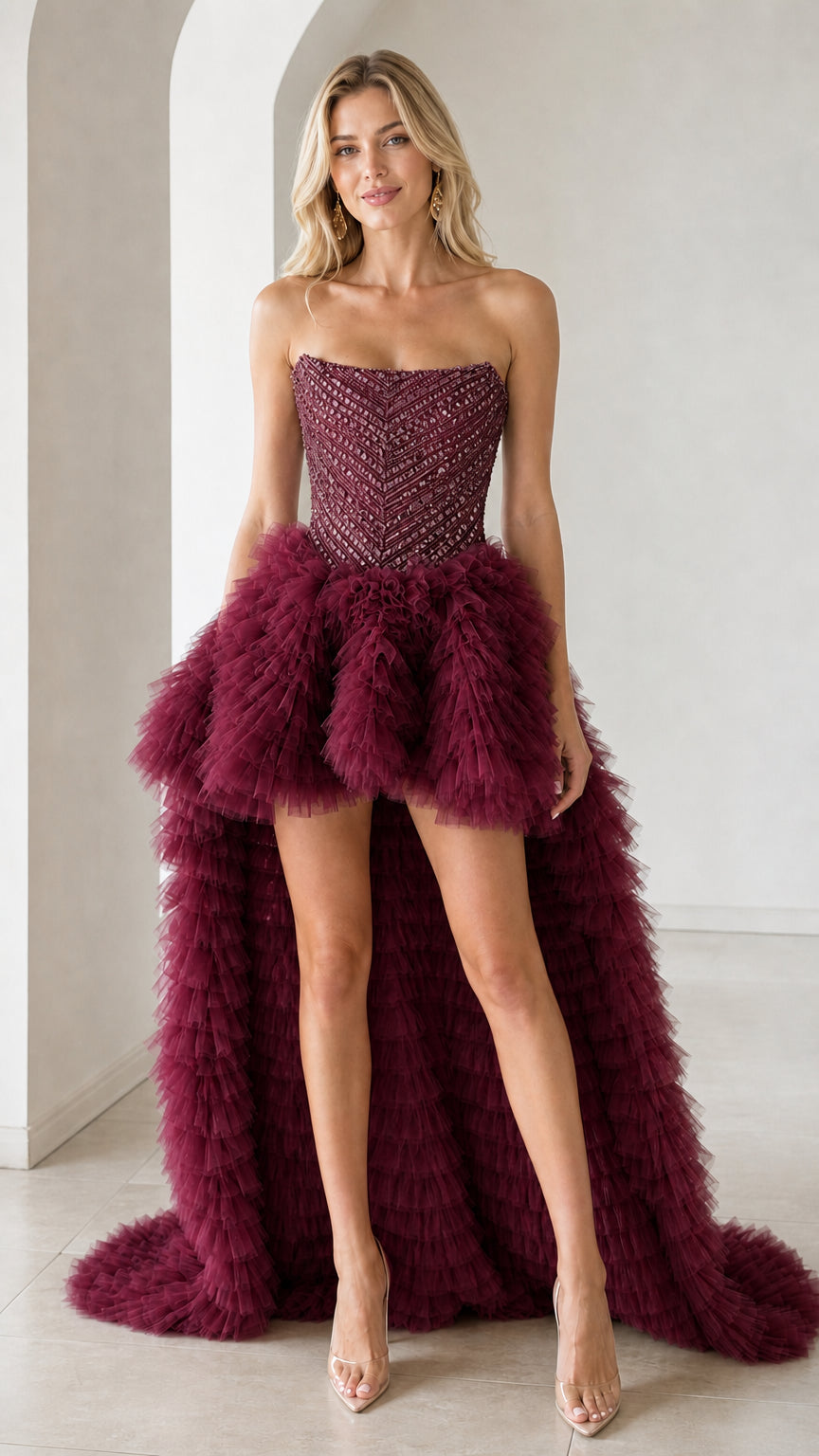 Front view of burgundy color variant with voluminous tulle train