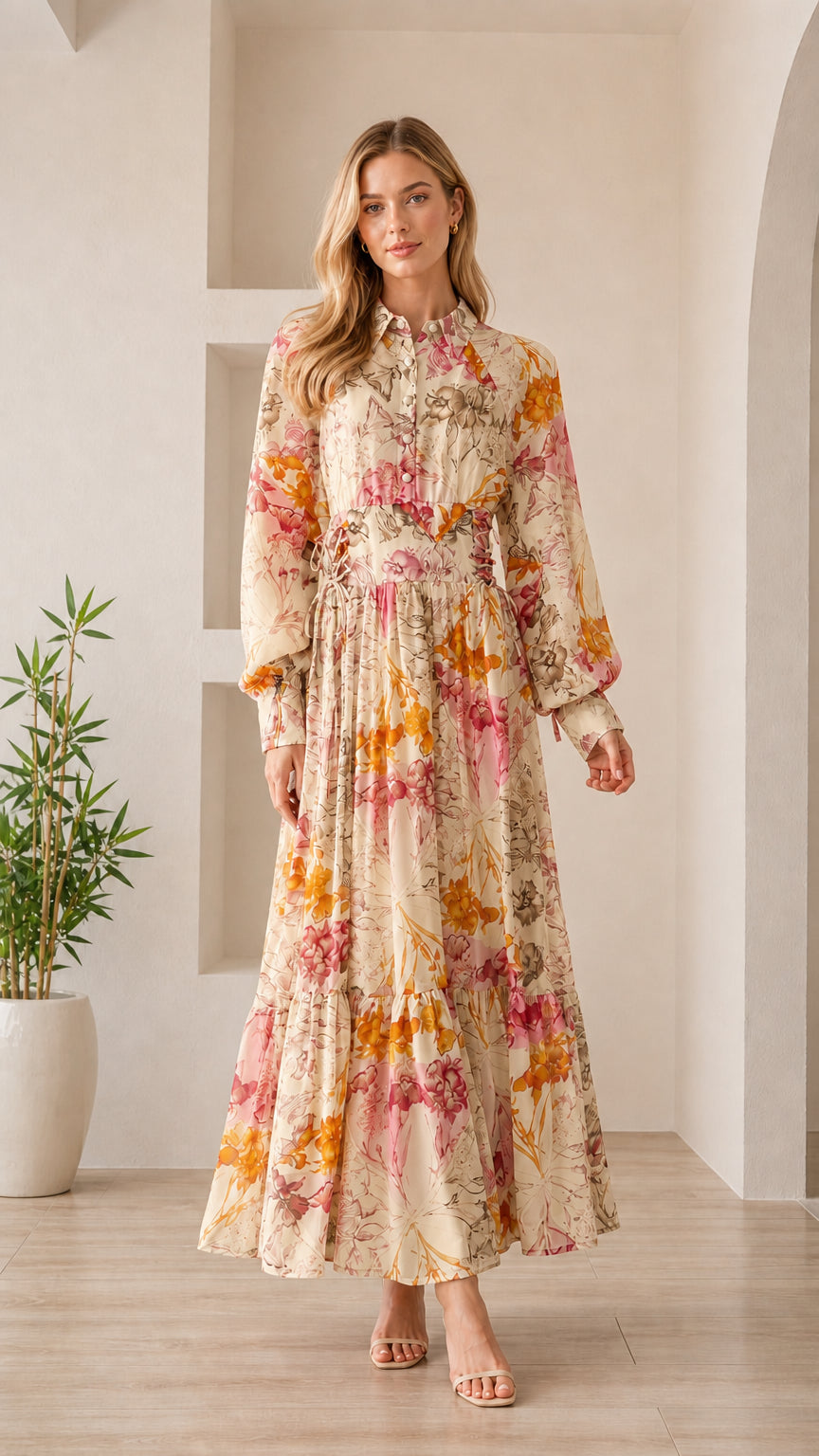 Woman wearing cream floral long sleeve maxi dress