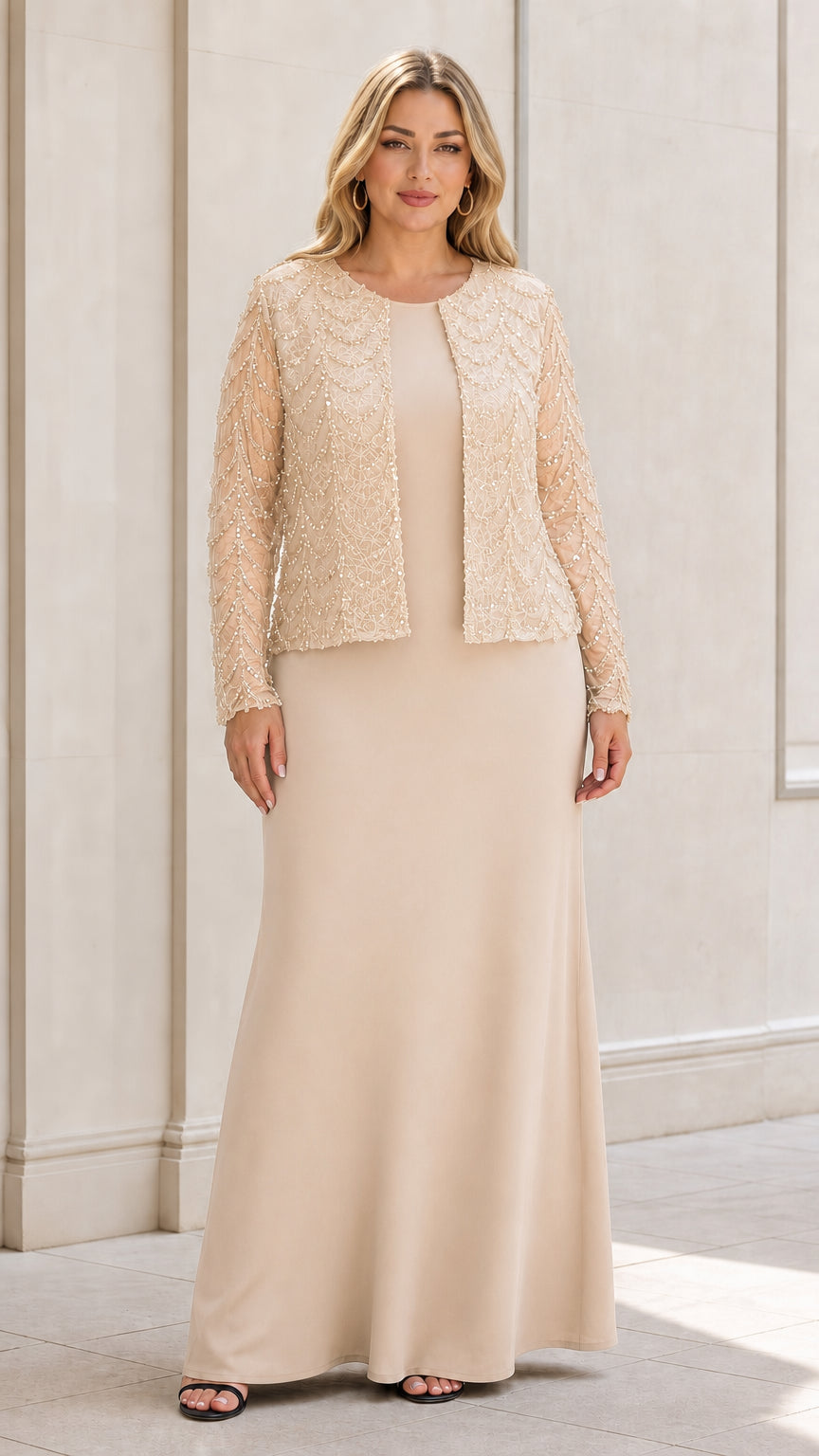 Champagne beige two-piece mother of the bride evening dress set