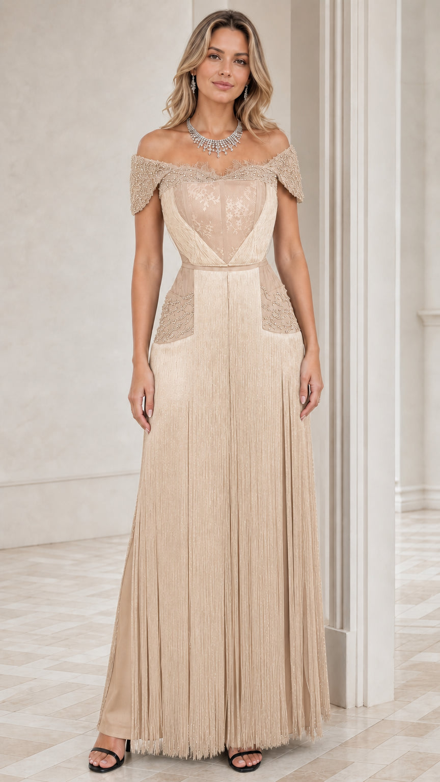 Champagne beige off-the-shoulder beaded formal gown with fringe skirt