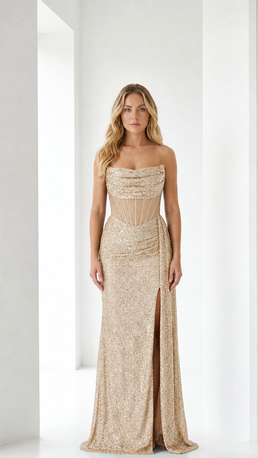Front view of champagne sequin corset evening gown