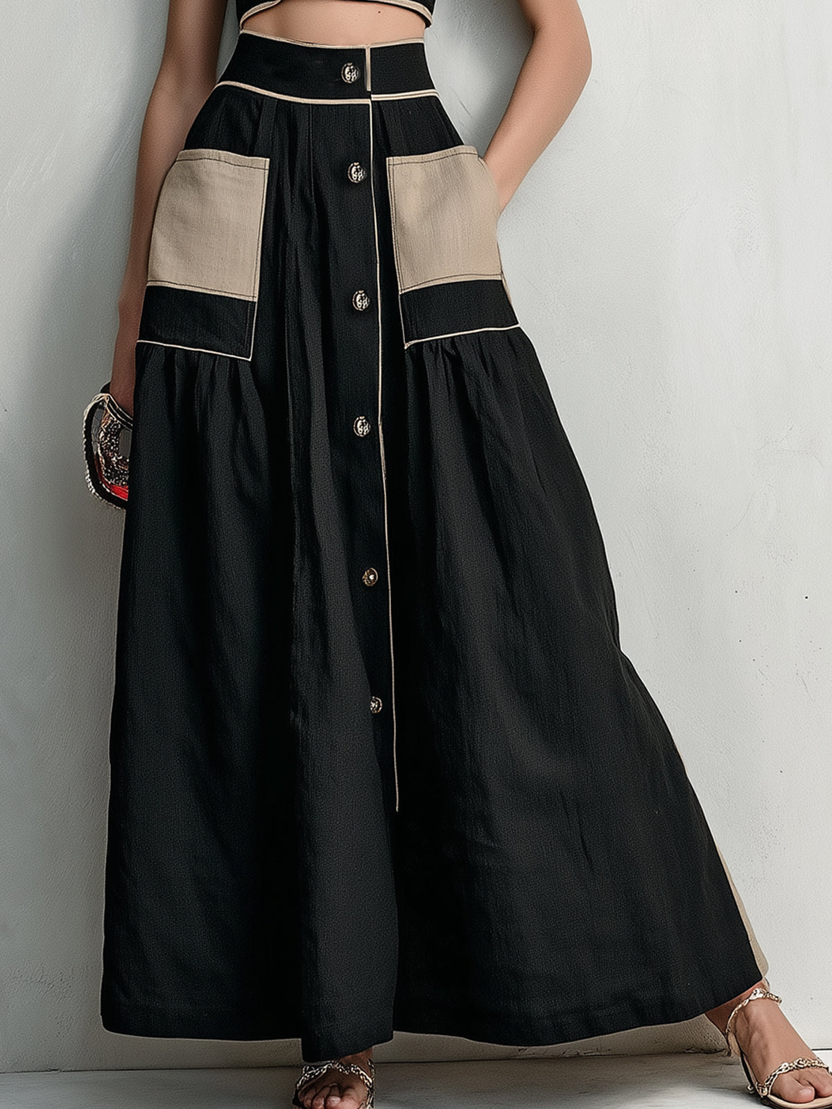 Black Contrast Patch Pocket Button-Up Crop Top & Maxi Skirt Set