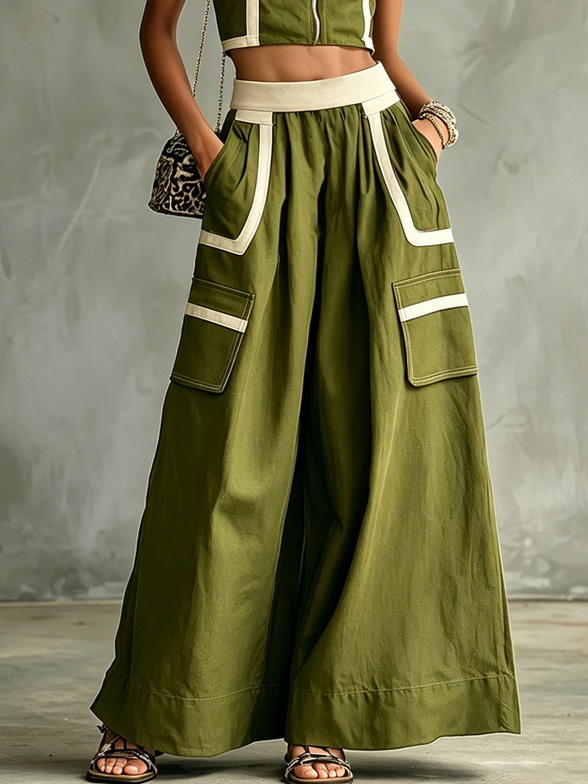 Olive Green One-Shoulder Zip Front Crop Top & Wide-Leg Pocket Pants Set