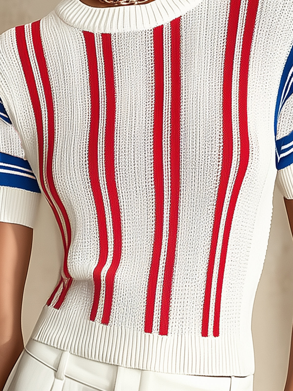 White Knit Short Sleeve Top With Red And Blue Stripes