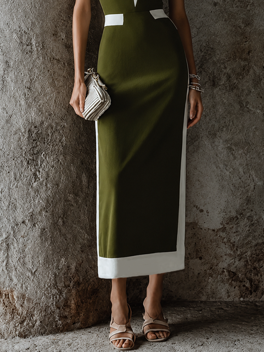 Women’s Commuter Style Olive Green And White Color Block Cotton Blend Lapel V-Neck Contrast Trim Slim Midi Dress MDZ2494F0GMJ