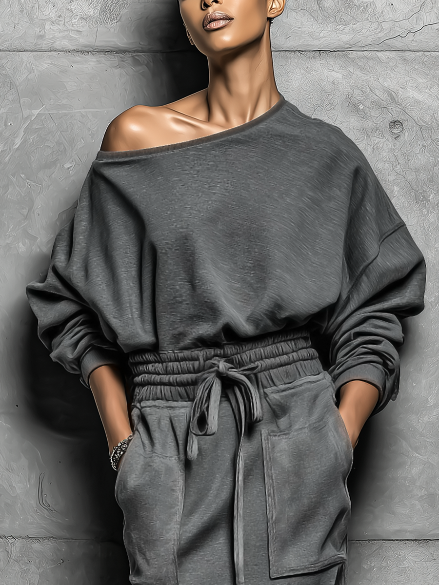 Women's Dark Grey Off-shoulder Sweatshirt-style Dress With A Drawstring Waist And Asymmetric Hem MDZ3039F2T