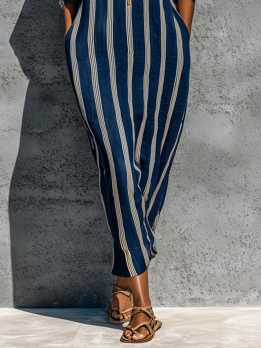 Women’s Navy White Vertical Stripe Linen Stand Collar Gold Half Zip Cuffed Batwing Sleeve Loose Midi Kaftan Dress With Side Pockets MDZ3034F9T