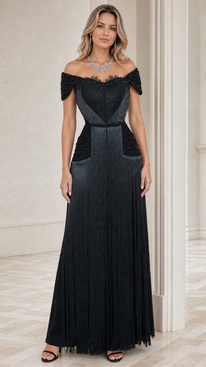 Front view of black off-the-shoulder beaded fringe formal evening gown