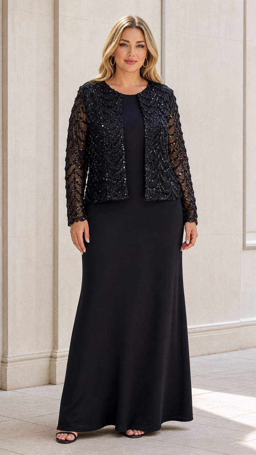 Front view of black two-piece maxi dress with sequin jacket