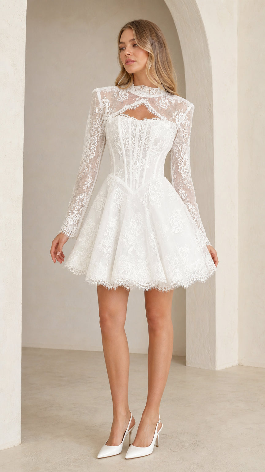Front view of model wearing white floral lace cutout corset mini dress with long sleeves