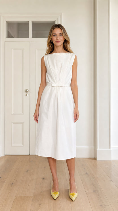 Front full view of woman wearing white sleeveless boatneck pleated midi dress with waist bow