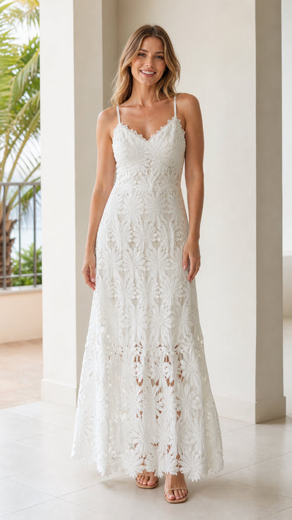 White floral lace spaghetti strap maxi dress front view on model