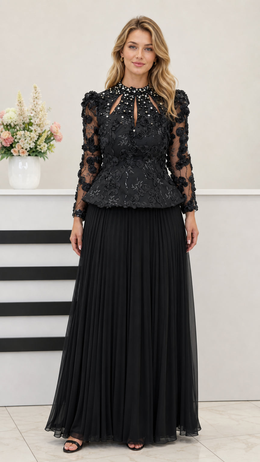 Front full view of black beaded lace peplum evening gown with pleated skirt