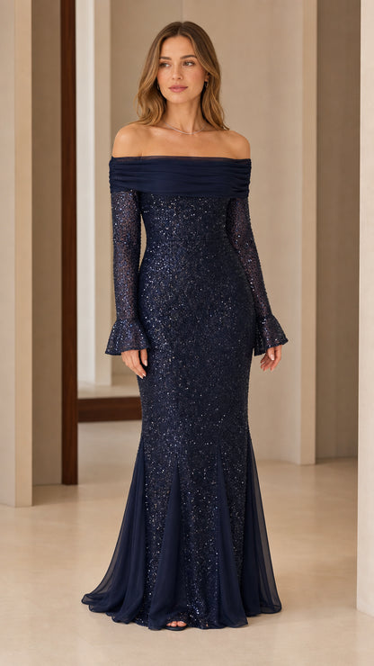 Front view of woman wearing navy blue off-the-shoulder sequin mermaid gown