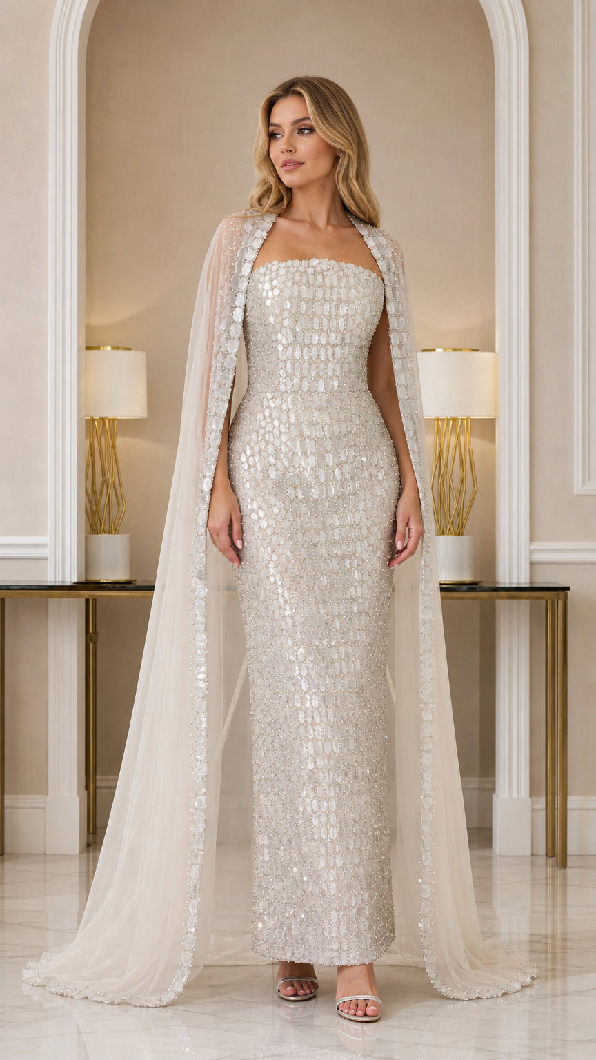 Front view of model wearing Champagne strapless embellished column gown with sheer cape