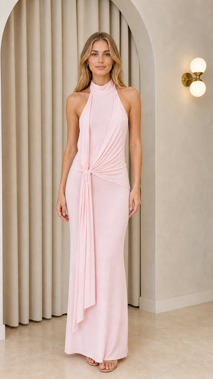Front view of model wearing Light Pink Halter Neck Ruched Drape Maxi Dress
