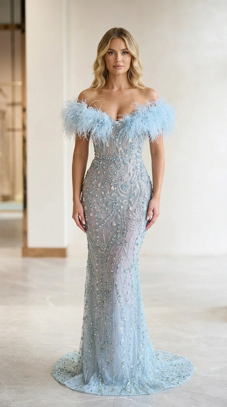 Front view of light blue off-the-shoulder beaded evening gown with feather trim