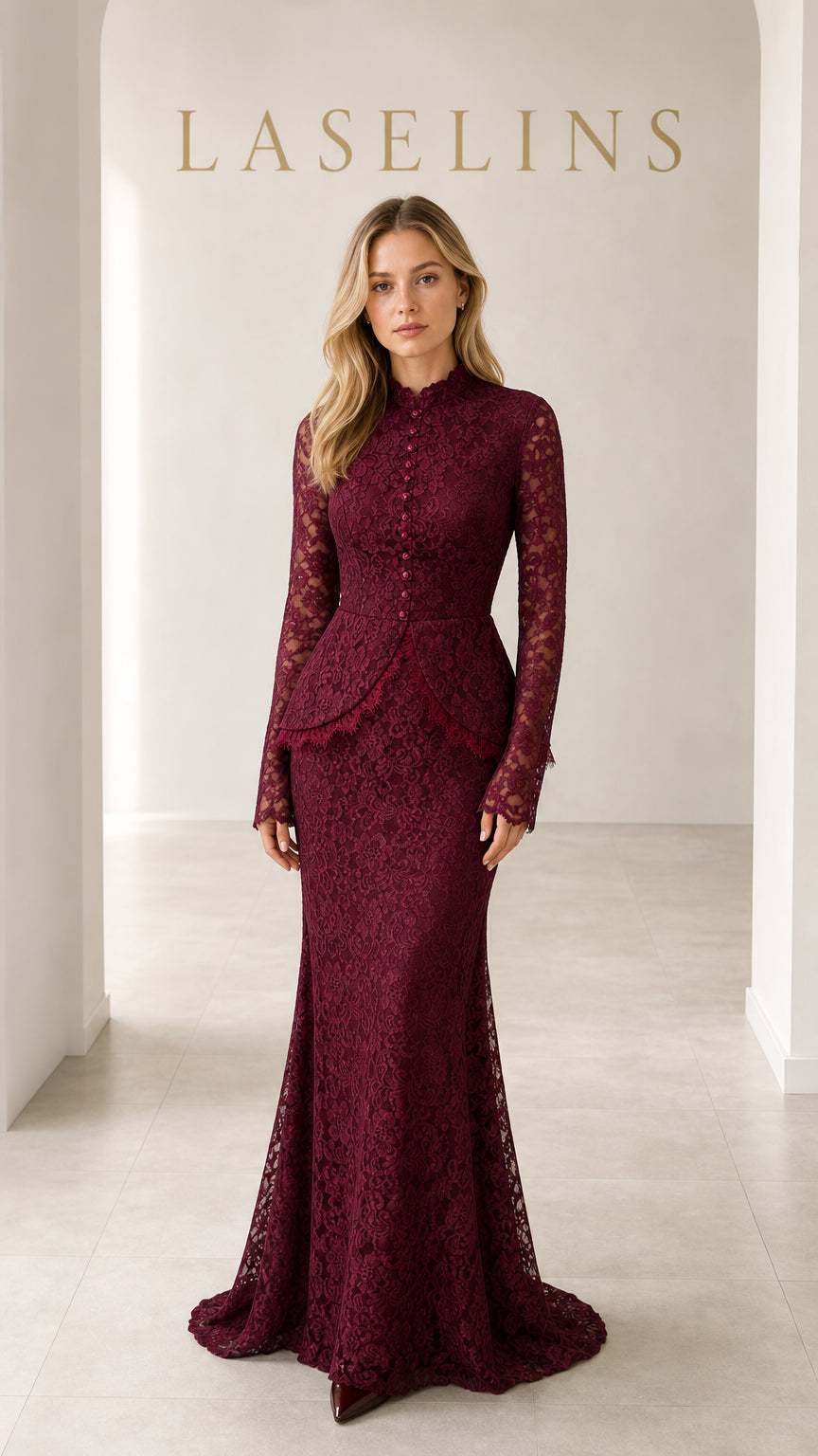 Front view of model wearing burgundy lace peplum mock neck evening gown