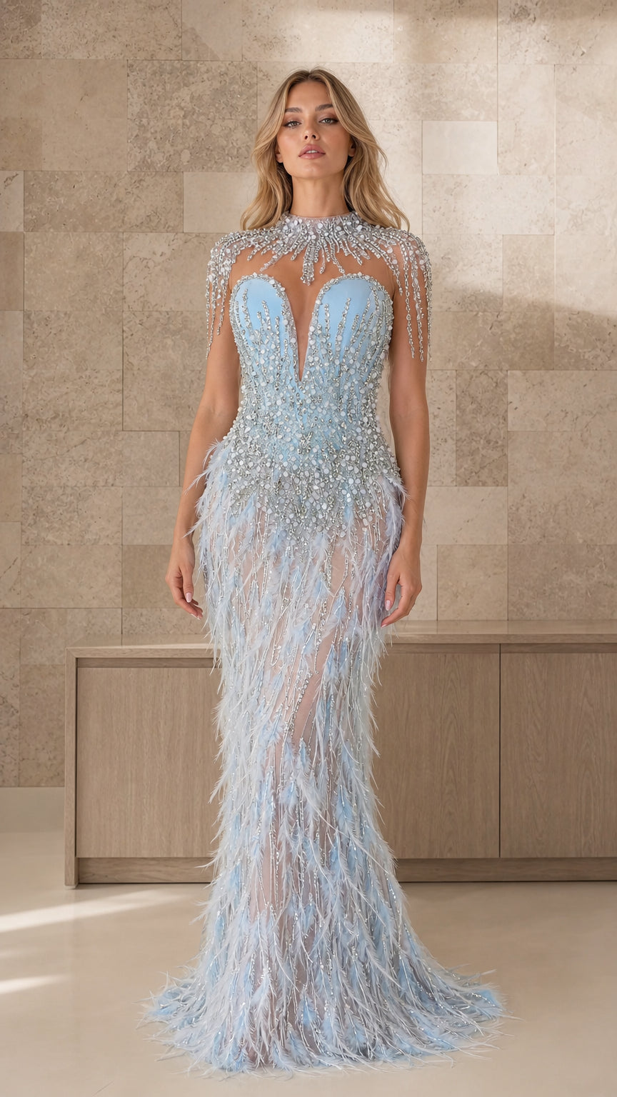 Front view of light blue beaded illusion feather evening gown