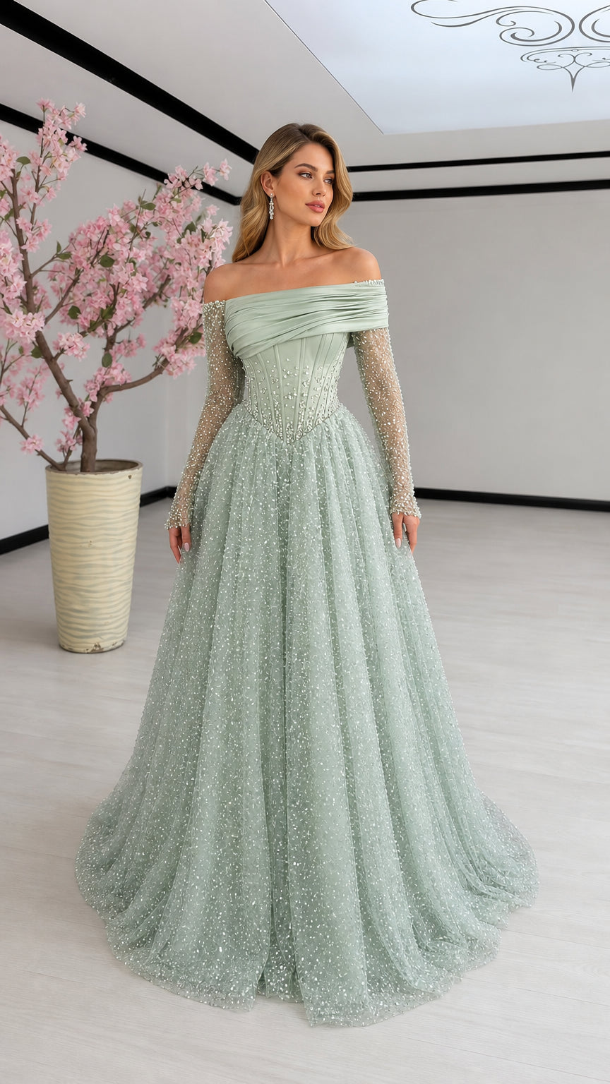 Sage Green off-the-shoulder beaded corset evening gown with glitter tulle skirt front view