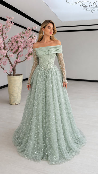 Sage Green off-the-shoulder beaded corset evening gown with glitter tulle skirt front view