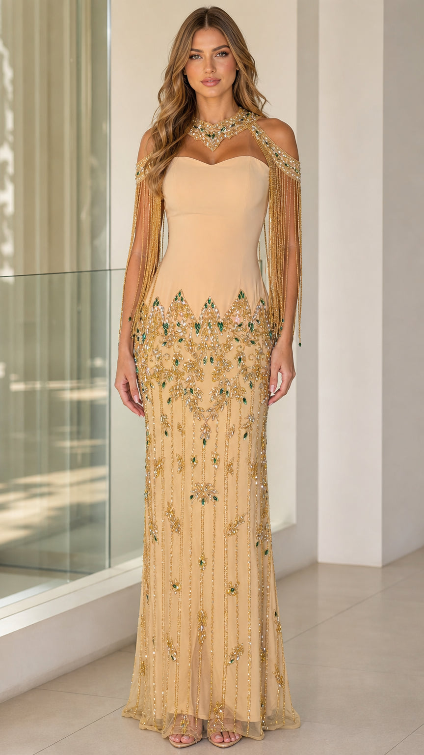 Champagne gold embellished halter neck evening gown with beaded fringe sleeves front view
