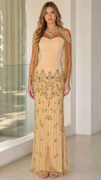 Champagne gold embellished halter neck evening gown with beaded fringe sleeves front view