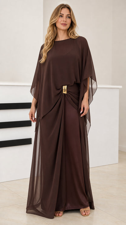 Coffee Brown chiffon capelet maxi dress front view with gold waist hardware