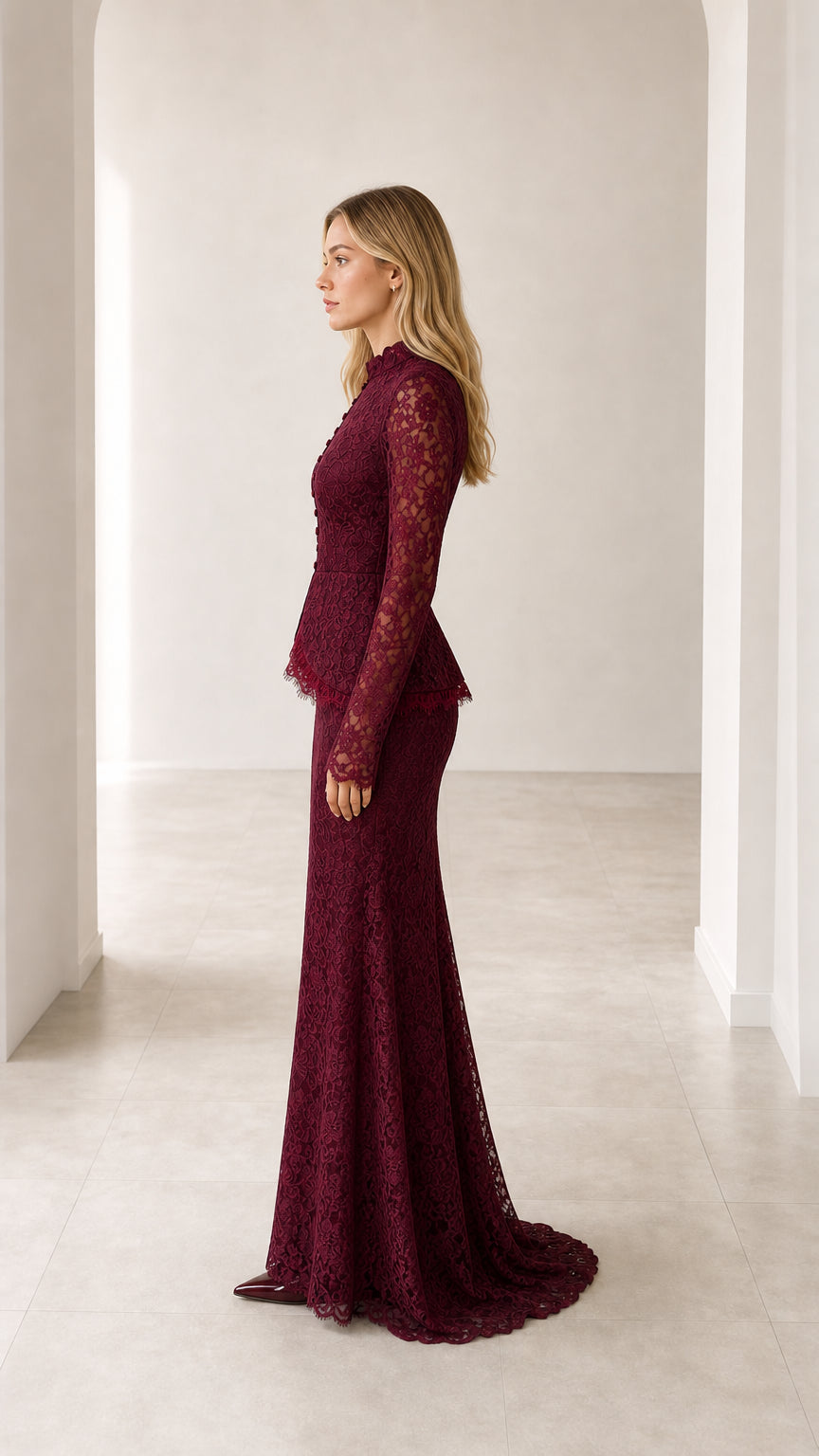Side profile view of burgundy long sleeve lace formal maxi dress