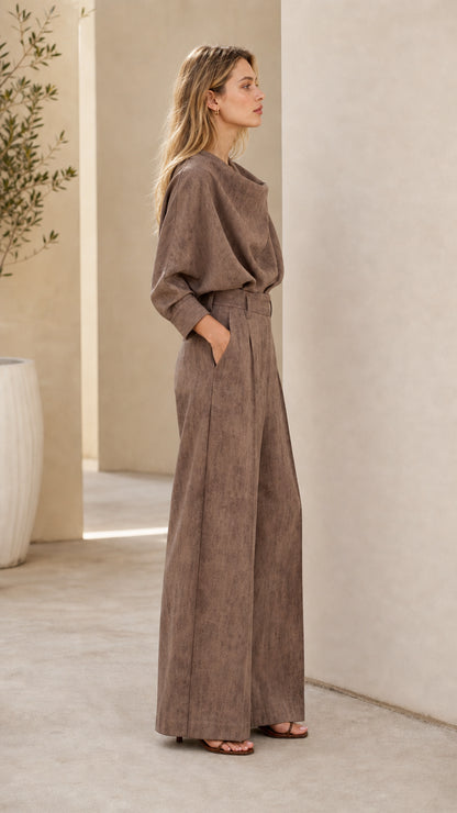 Taupe two-piece draped top and wide leg pants set side profile view