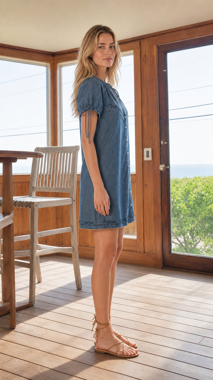 Side profile view of model wearing Denim Blue short sleeve shift dress