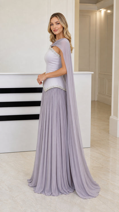 Side profile of dusty lilac cape sleeve formal maxi dress