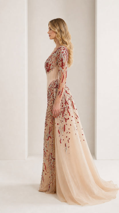 Side profile view of the nude beaded evening gown