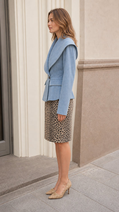 Side profile view of woman wearing sky blue tailored blazer jacket