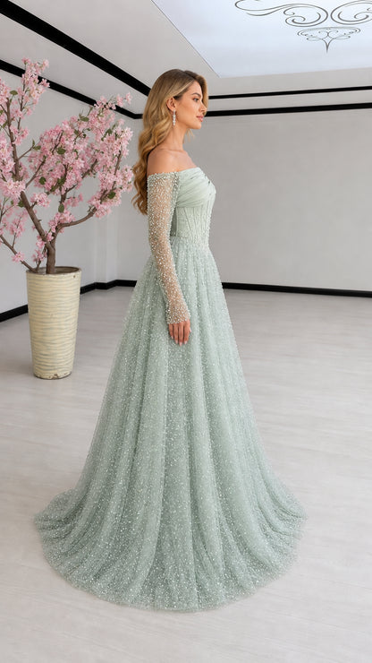 Side view of model wearing Sage Green off-shoulder sparkling ball gown