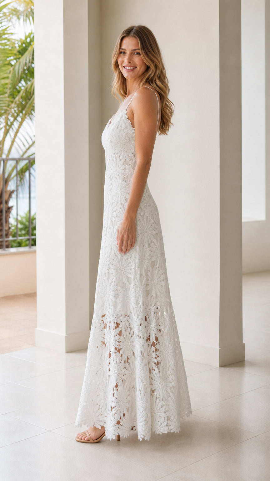 Side angle view of white floral lace low back maxi dress