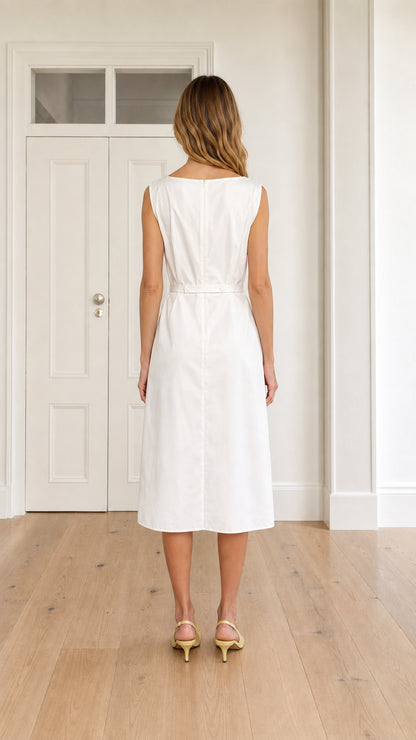 Back view of woman wearing white boatneck midi dress with clean back construction