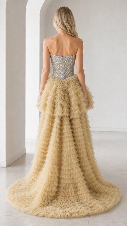 Back view of champagne dress showing long tulle train