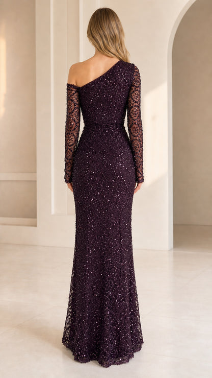 Back view of plum one-shoulder sequin lace formal gown