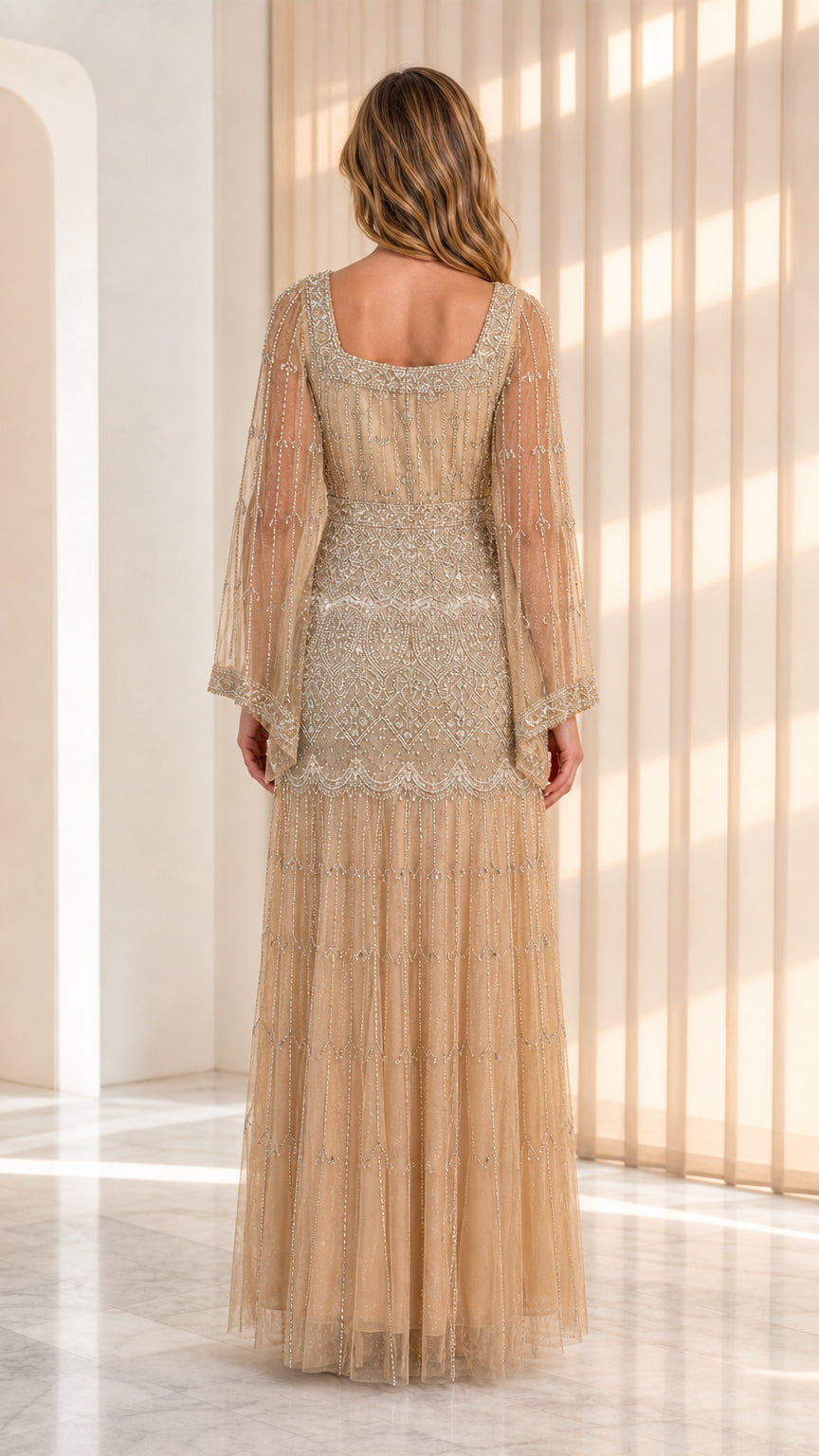 Back view of champagne gold embellished square back maxi formal gown