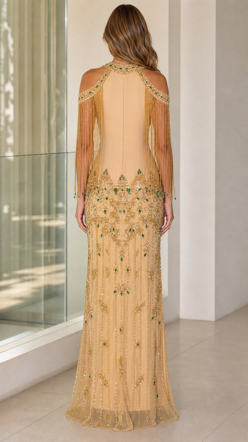 Champagne gold embellished column evening gown back view showing illusion halter back