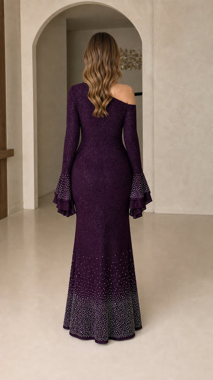 Back view of plum one-shoulder formal floor-length dress