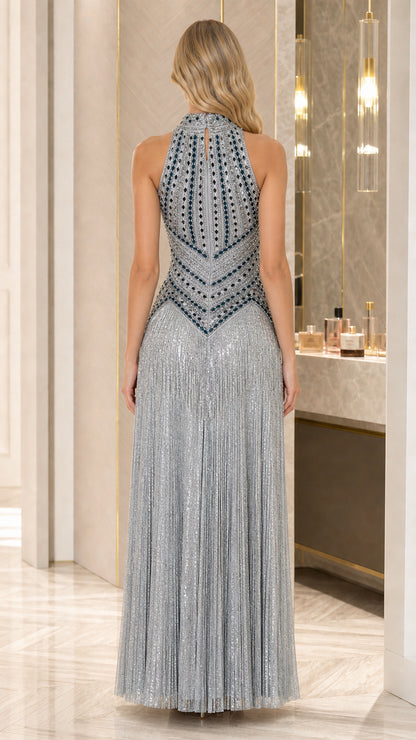 Silver embellished maxi gown shown from the back