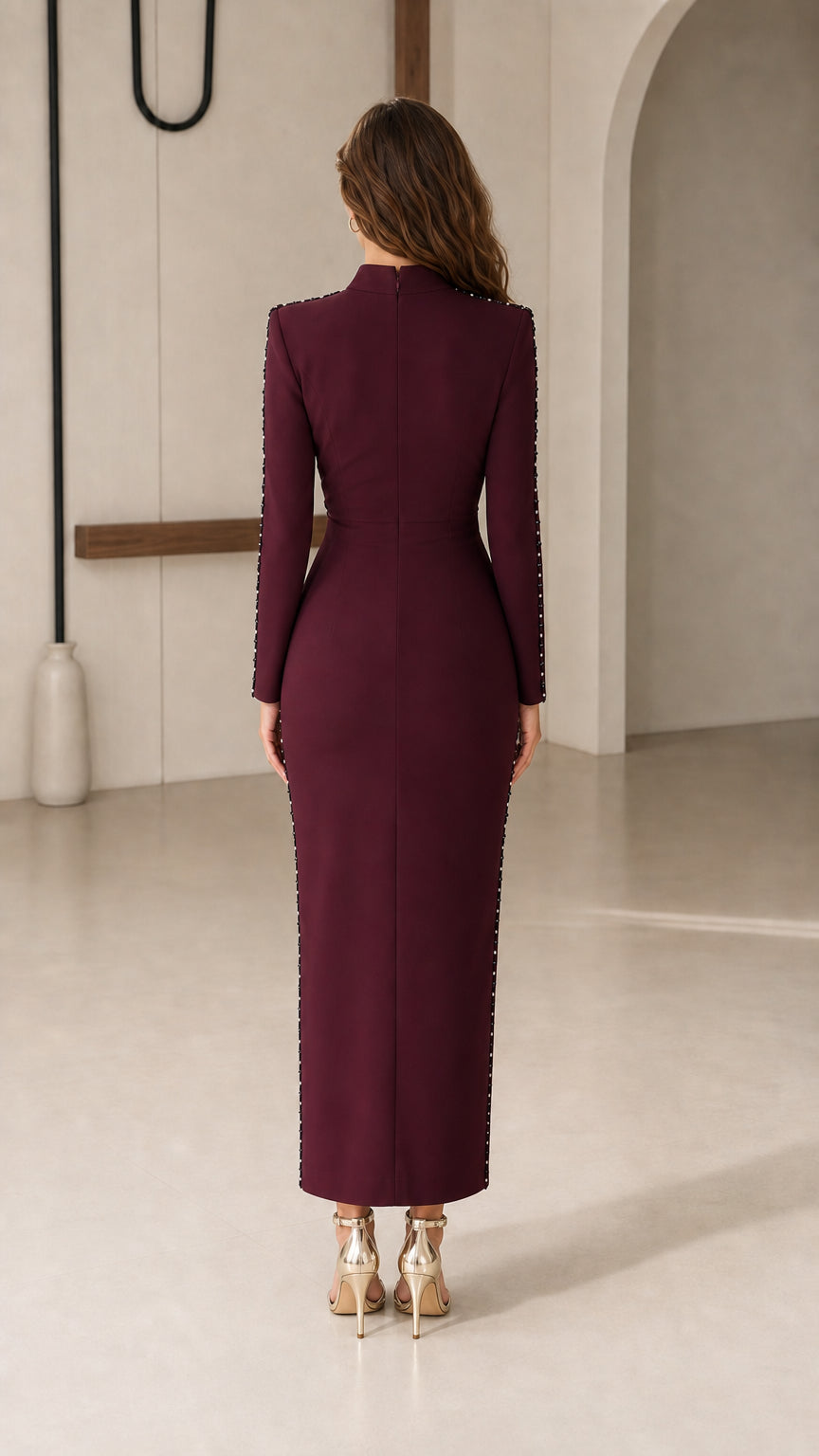 Back view of tailored burgundy long sleeve formal maxi dress