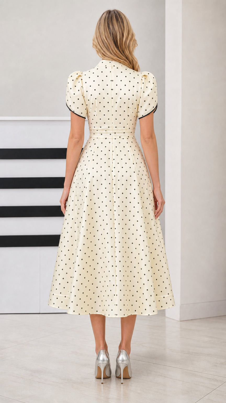 Back view of woman wearing Cream polka dot swing midi dress
